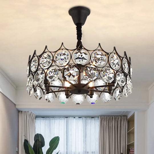 Modern Black Geometric Chandelier With Beveled Crystal Pendant Light For Living Room / Large Round