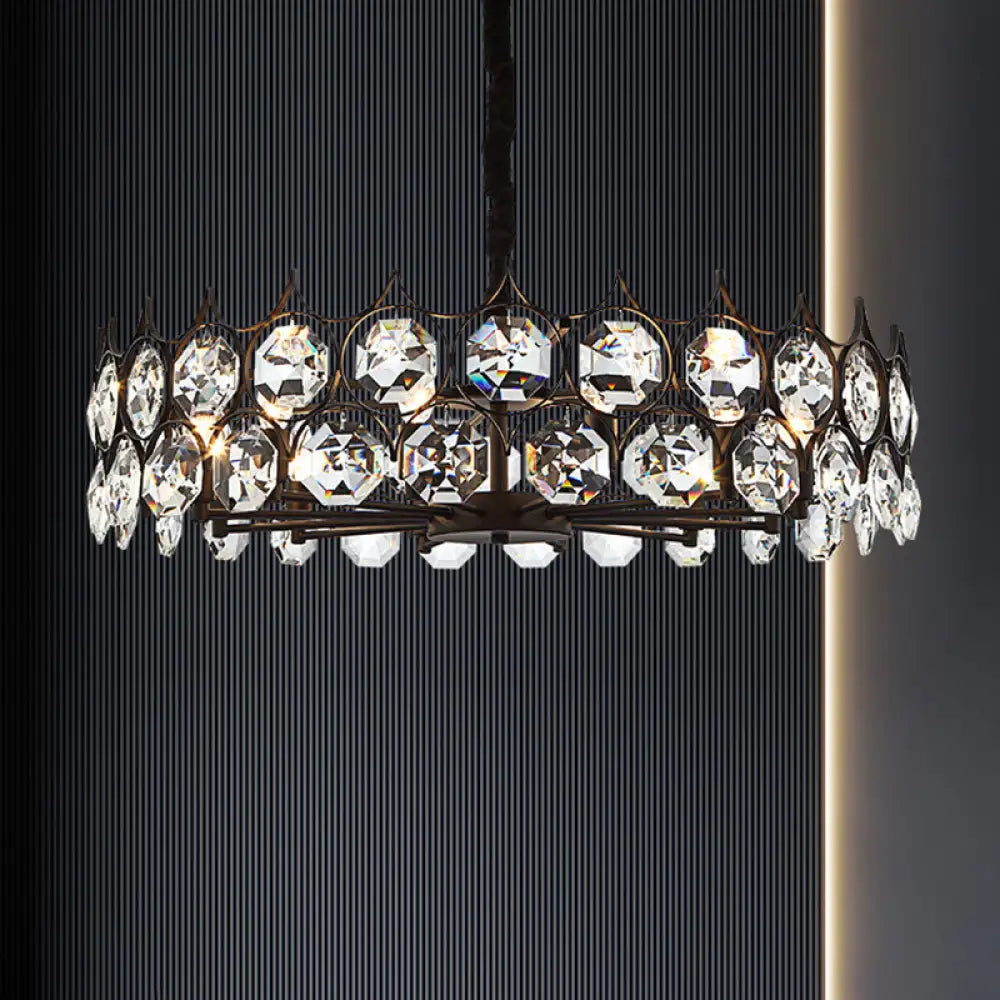 Modern Black Geometric Chandelier With Beveled Crystal Pendant Light For Living Room / Medium Round