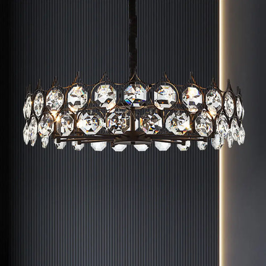 Modern Black Geometric Chandelier With Beveled Crystal Pendant Light For Living Room / Medium Round