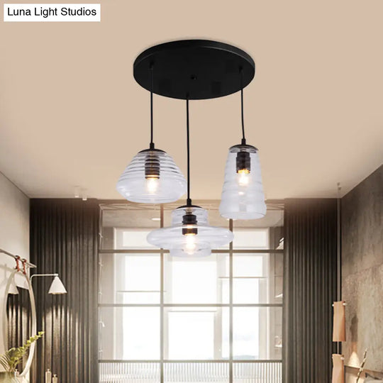 Modern Black Geometric 3-Light Clear Glass Ripple Pendant For Dining Room