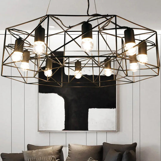 Modern Black Geometric Pendant Chandelier - Clear Glass 10-Light Farmhouse Lighting For Living Room