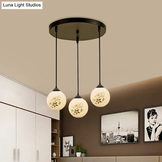 Modern Black Glass 3-Light Ceiling Pendant For Dining Room - Stylish White Print Multi-Canopy Design