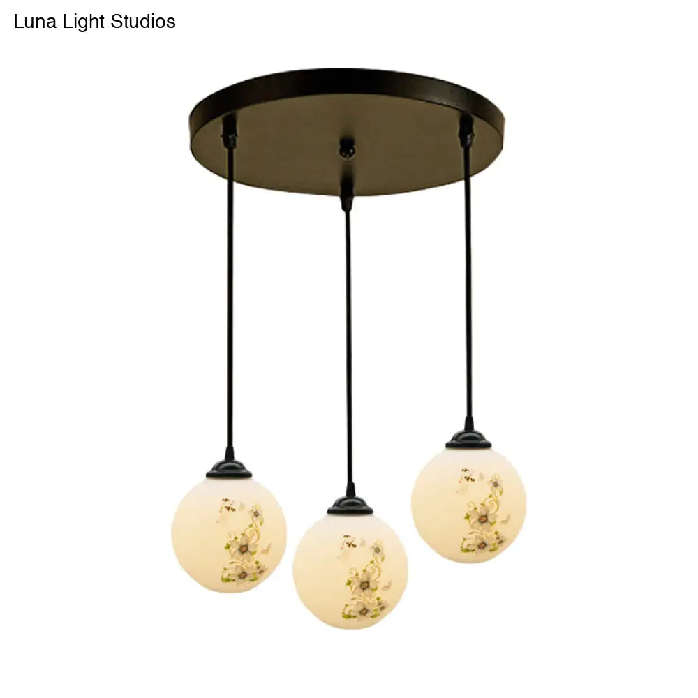 Modern Black Glass 3-Light Ceiling Pendant For Dining Room - Stylish White Print Multi-Canopy Design