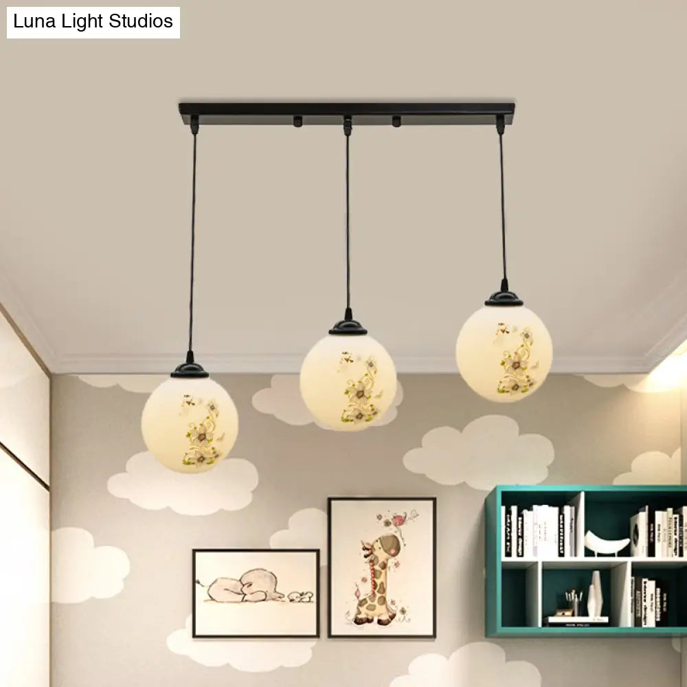 Modern Black Glass 3-Light Ceiling Pendant For Dining Room - Stylish White Print Multi-Canopy Design