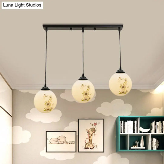 Modern Black Glass 3-Light Ceiling Pendant For Dining Room - Stylish White Print Multi-Canopy Design