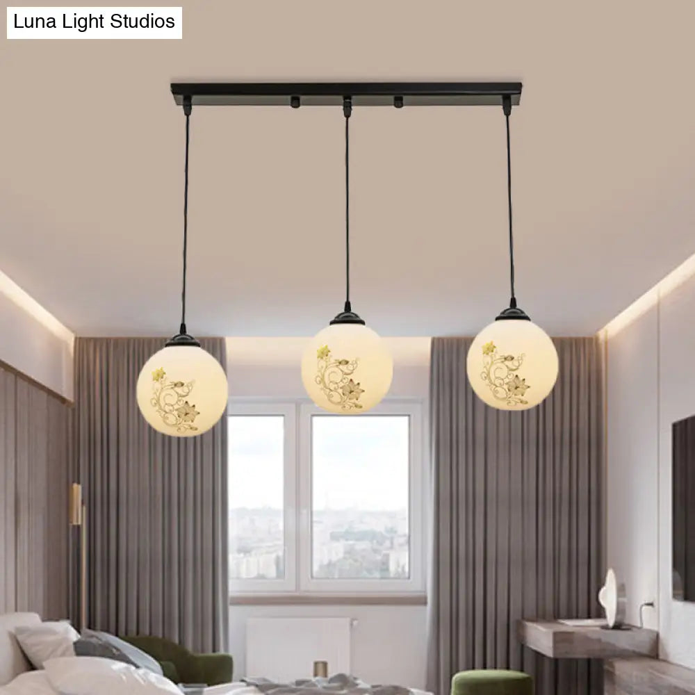 Modern Black Glass 3-Light Ceiling Pendant For Dining Room - Stylish White Print Multi-Canopy Design