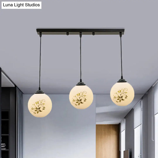 Modern Black Glass 3-Light Ceiling Pendant For Dining Room - Stylish White Print Multi-Canopy Design