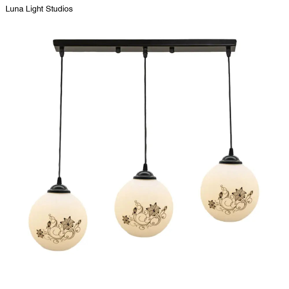 Modern Black Glass 3-Light Ceiling Pendant For Dining Room - Stylish White Print Multi-Canopy Design