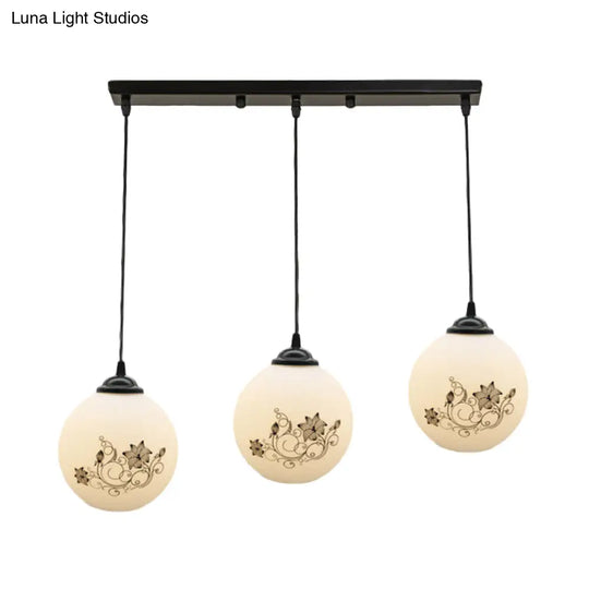 Modern Black Glass 3-Light Ceiling Pendant For Dining Room - Stylish White Print Multi-Canopy Design