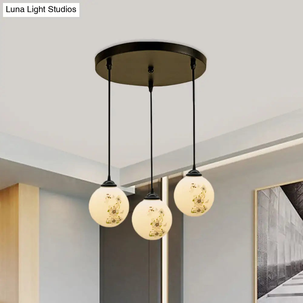 Modern Black Glass 3-Light Ceiling Pendant For Dining Room - Stylish White Print Multi-Canopy Design