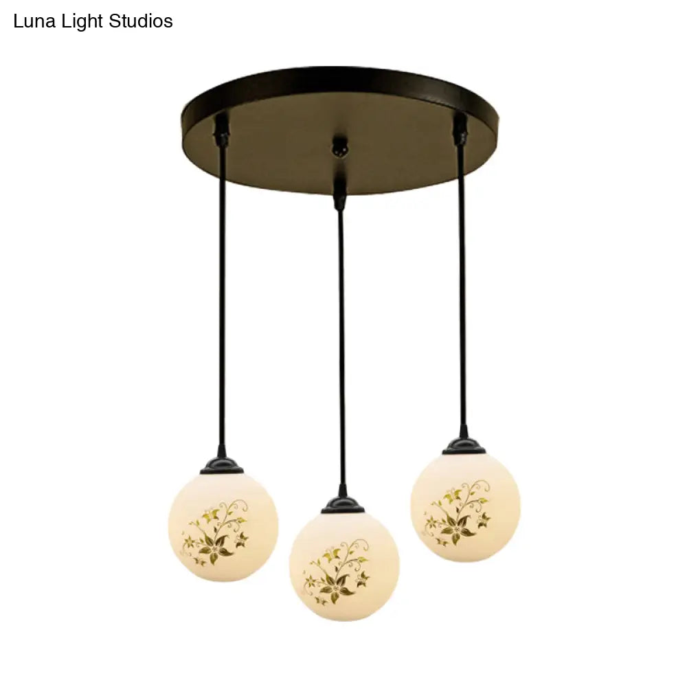 Modern Black Glass 3-Light Ceiling Pendant For Dining Room - Stylish White Print Multi-Canopy Design