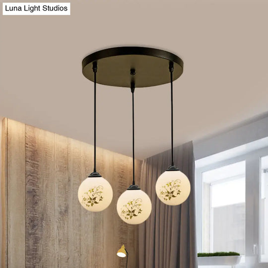 Modern Black Glass 3-Light Ceiling Pendant For Dining Room - Stylish White Print Multi-Canopy Design