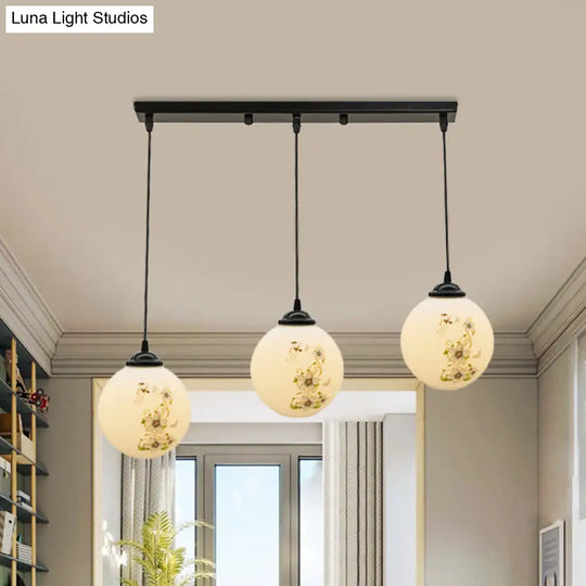 Modern Black Glass 3-Light Ceiling Pendant For Dining Room - Stylish White Print Multi-Canopy Design