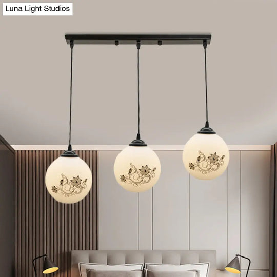 Modern Black Glass 3-Light Ceiling Pendant For Dining Room - Stylish White Print Multi-Canopy Design