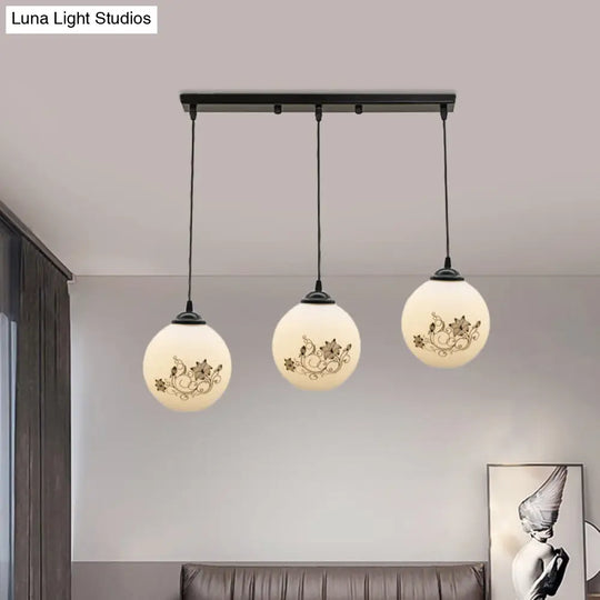 Modern Black Glass 3-Light Ceiling Pendant For Dining Room - Stylish White Print Multi-Canopy Design