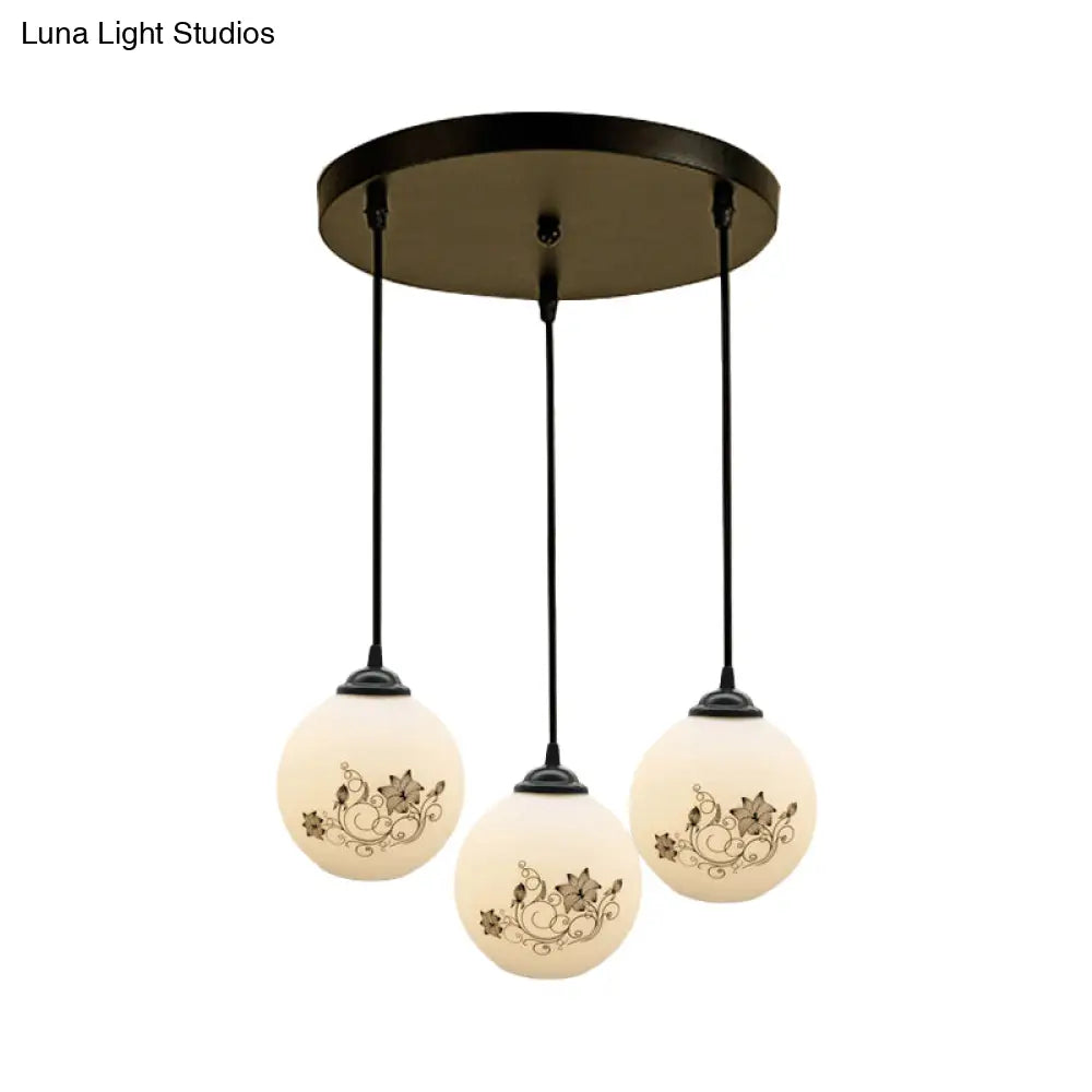 Modern Black Glass 3-Light Ceiling Pendant For Dining Room - Stylish White Print Multi-Canopy Design