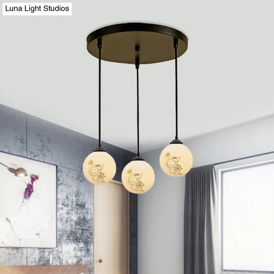 Modern Black Glass 3-Light Ceiling Pendant For Dining Room - Stylish White Print Multi-Canopy Design