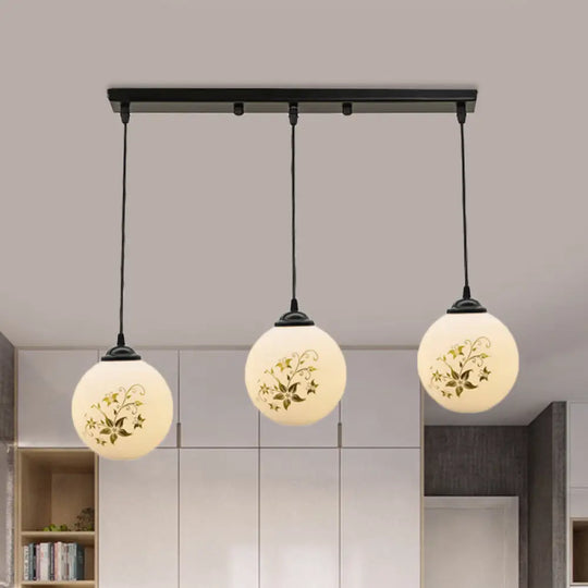 Modern Black Glass 3-Light Ceiling Pendant For Dining Room - Stylish White Print Multi-Canopy Design