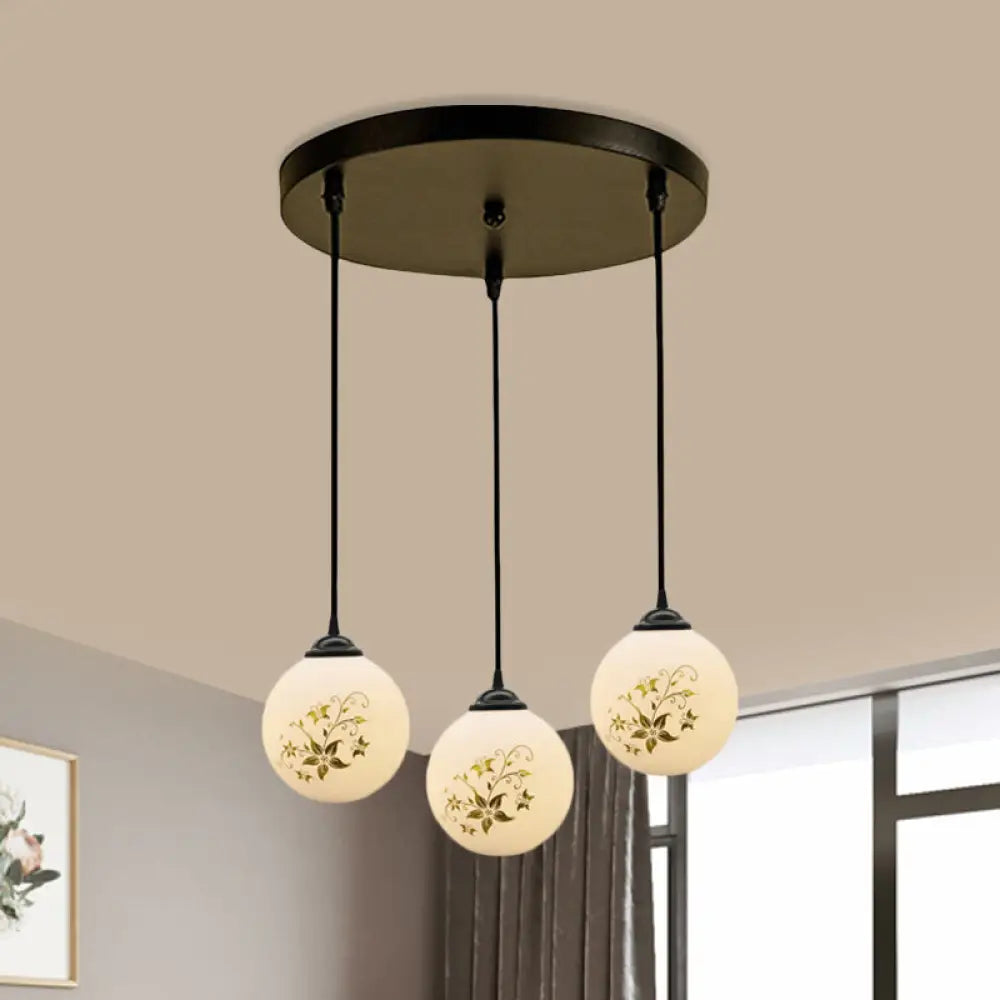 Modern Black Glass 3-Light Ceiling Pendant For Dining Room - Stylish White Print Multi-Canopy Design