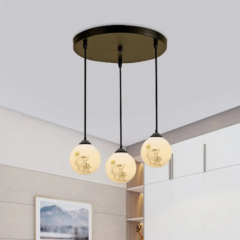 Modern Black Glass 3-Light Ceiling Pendant For Dining Room - Stylish White Print Multi-Canopy Design