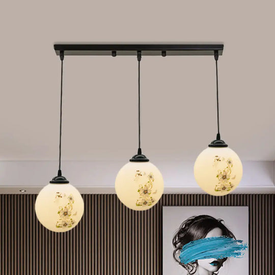 Modern Black Glass 3-Light Ceiling Pendant For Dining Room - Stylish White Print Multi-Canopy Design