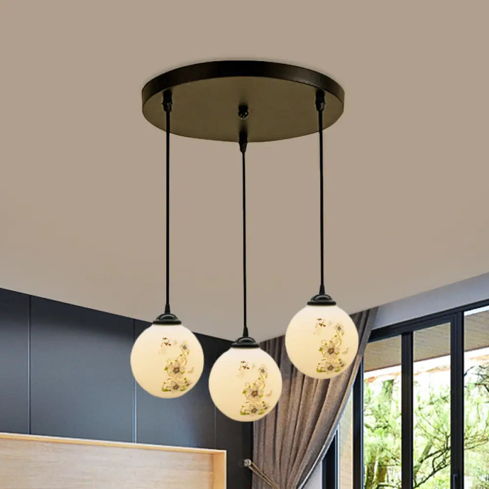 Modern Black Glass 3-Light Ceiling Pendant For Dining Room - Stylish White Print Multi-Canopy Design