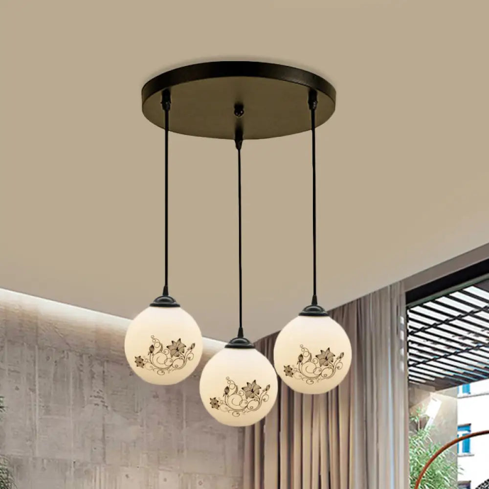 Modern Black Glass 3-Light Ceiling Pendant For Dining Room - Stylish White Print Multi-Canopy Design