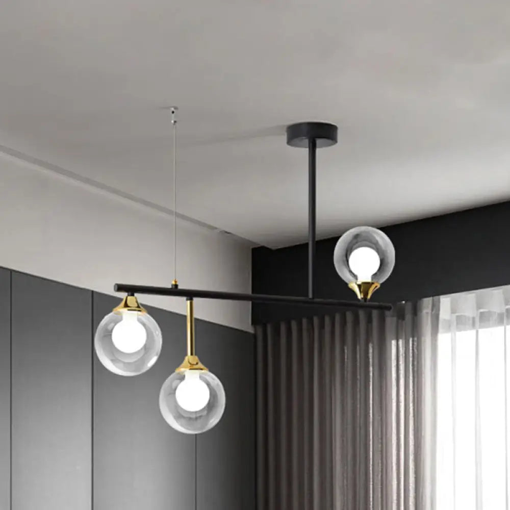 Modern Black Glass Ball Island Chandelier: Triple Light Hanging Lamp For Dining Room