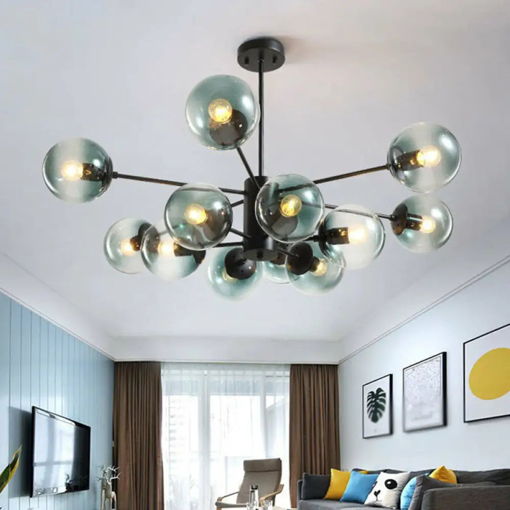 Modern Black Glass Ball Shade Chandelier Ceiling Light - 12 Heads For Living Room Blue