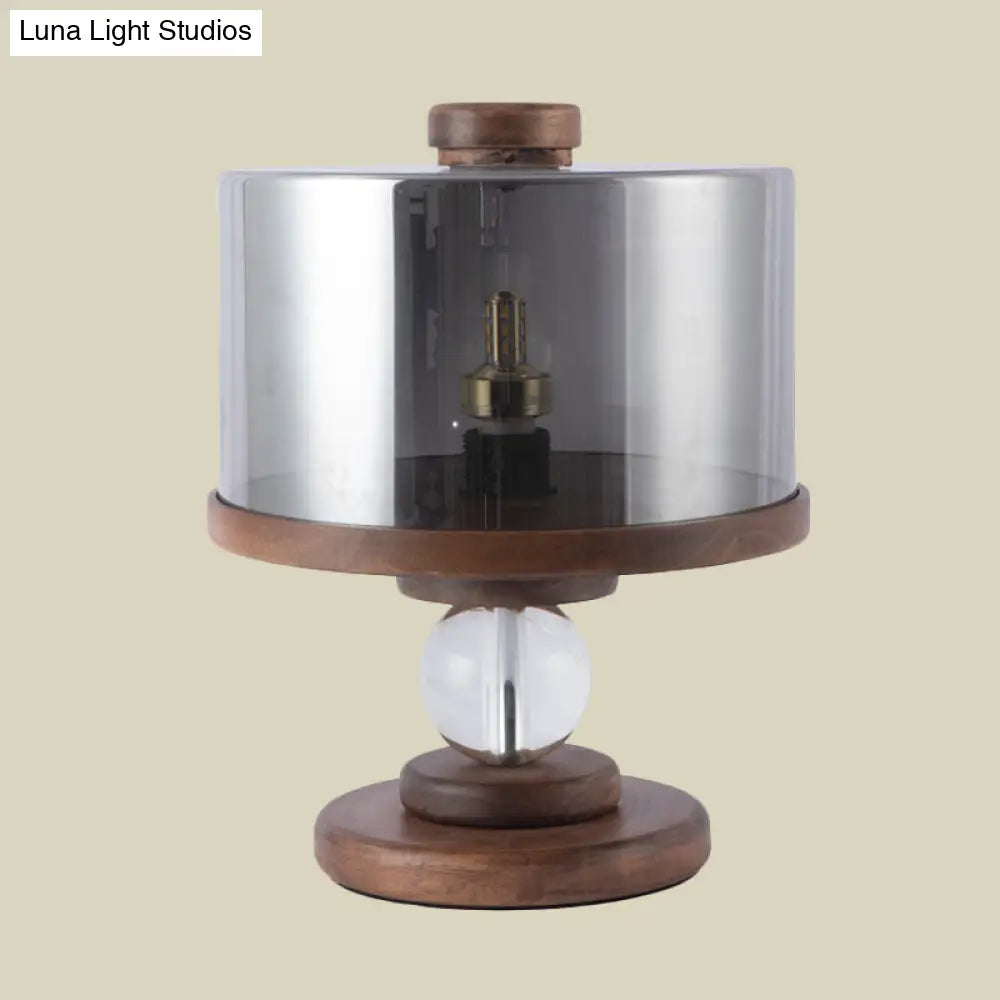 Modern Black Glass Drum Table Lamp With Single Light Brown Wood Base - Perfect For Living Room