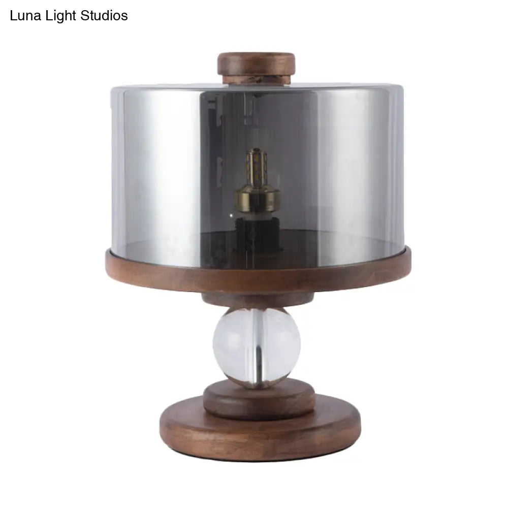 Modern Black Glass Drum Table Lamp With Single Light Brown Wood Base - Perfect For Living Room