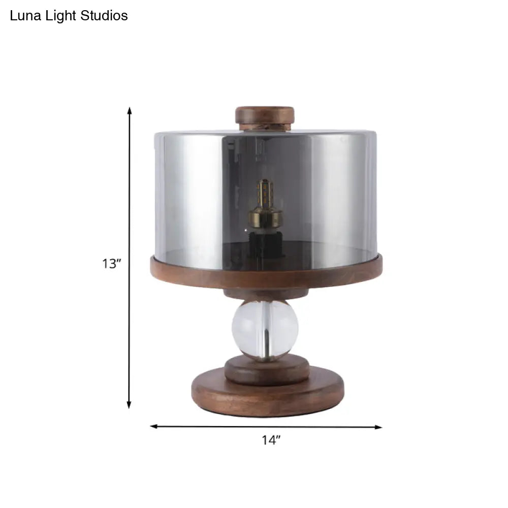 Modern Black Glass Drum Table Lamp With Single Light Brown Wood Base - Perfect For Living Room