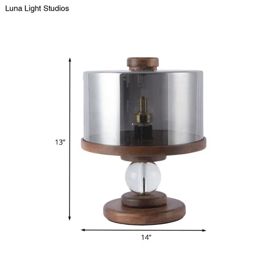 Modern Black Glass Drum Table Lamp With Single Light Brown Wood Base - Perfect For Living Room