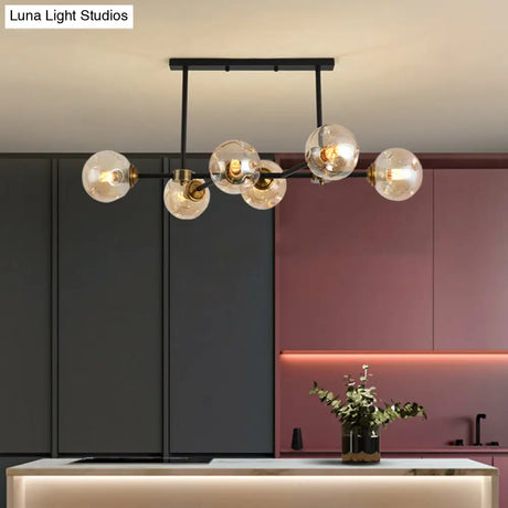 Modern Black Glass Island Pendant Light With 6 Spherical Lights For Dining Table