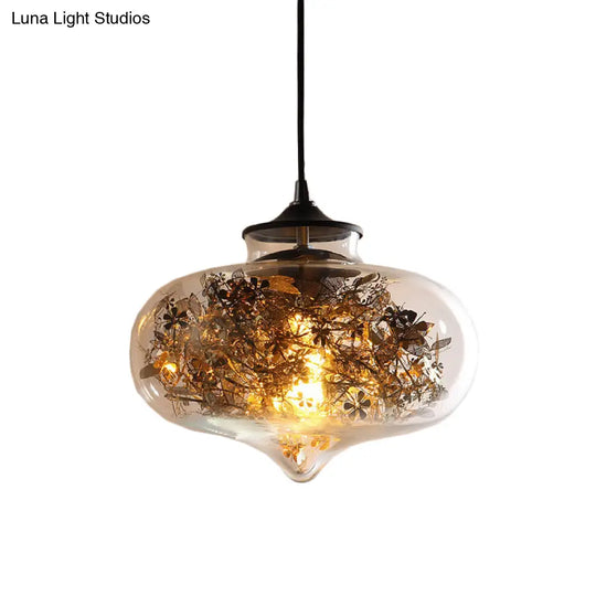 Modern Black Glass Oval Hanging Ceiling Lamp With Shattered Leaf Deco