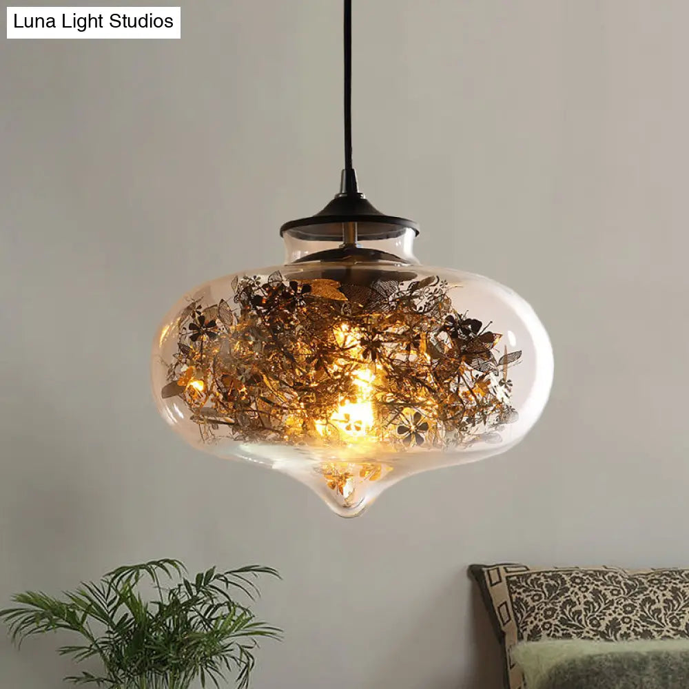 Modern Black Glass Oval Hanging Ceiling Lamp With Shattered Leaf Deco