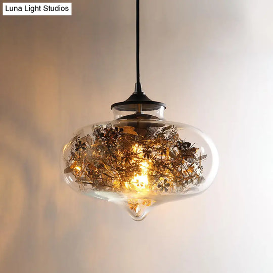 Modern Black Glass Oval Hanging Ceiling Lamp With Shattered Leaf Deco