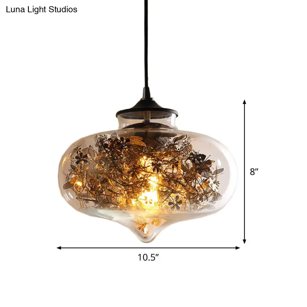 Modern Black Glass Oval Hanging Light With Shattered Leaf Deco - 1-Light Ceiling Lamp