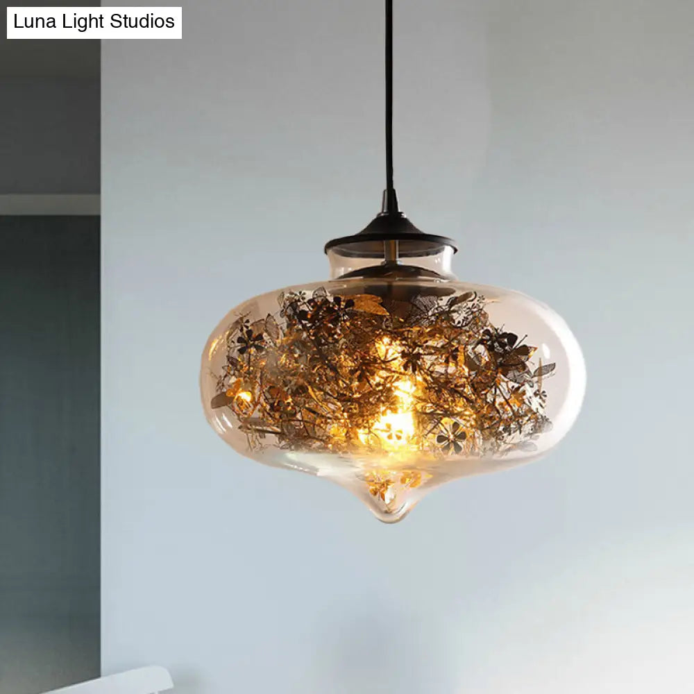 Modern Black Glass Oval Hanging Light With Shattered Leaf Deco - 1-Light Ceiling Lamp