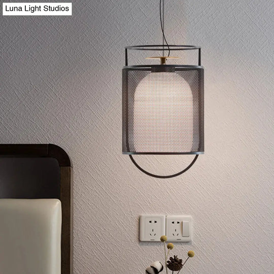 Modern Black Half Capsule Drop Pendant Ceiling Light With Single Milk Glass Shade And Mesh Screen