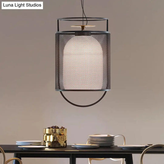 Modern Black Half Capsule Drop Pendant Ceiling Light With Single Milk Glass Shade And Mesh Screen