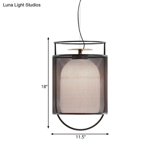 Modern Black Half Capsule Drop Pendant Ceiling Light With Single Milk Glass Shade And Mesh Screen