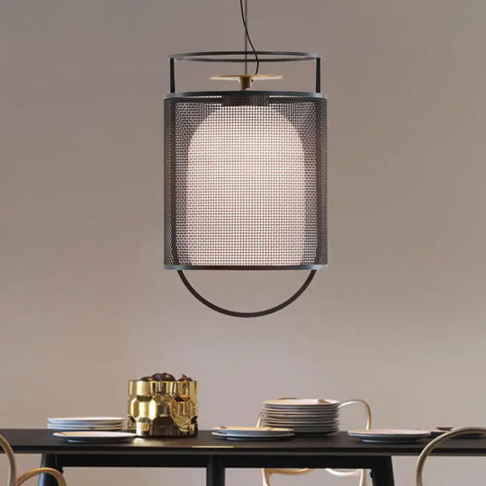 Modern Black Glass Shade Ceiling Light With Mesh Screen - Half Capsule Drop Pendant