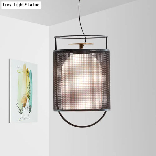 Modern Black Half Capsule Drop Pendant Ceiling Light With Single Milk Glass Shade And Mesh Screen