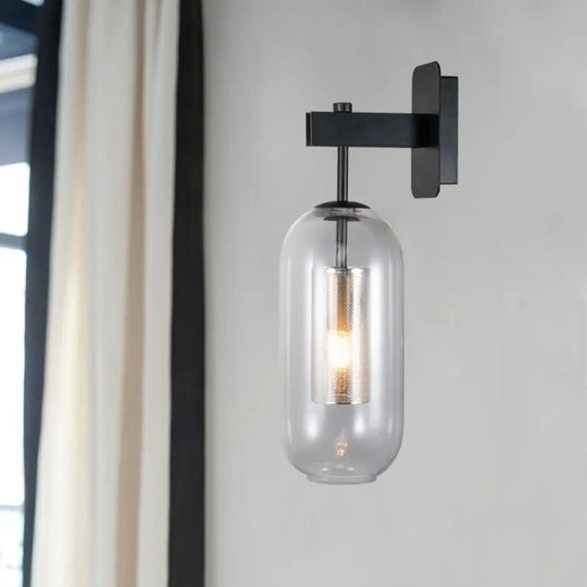 Modern Black Glass Wall Light Sconce - Single Pill Shape Design