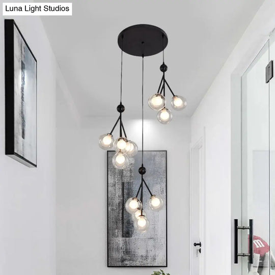 Modern Black/Gold Multi-Light Pendant With 12 Led Bulbs - Clear/Amber/Smoke Gray Glass Sphere Design