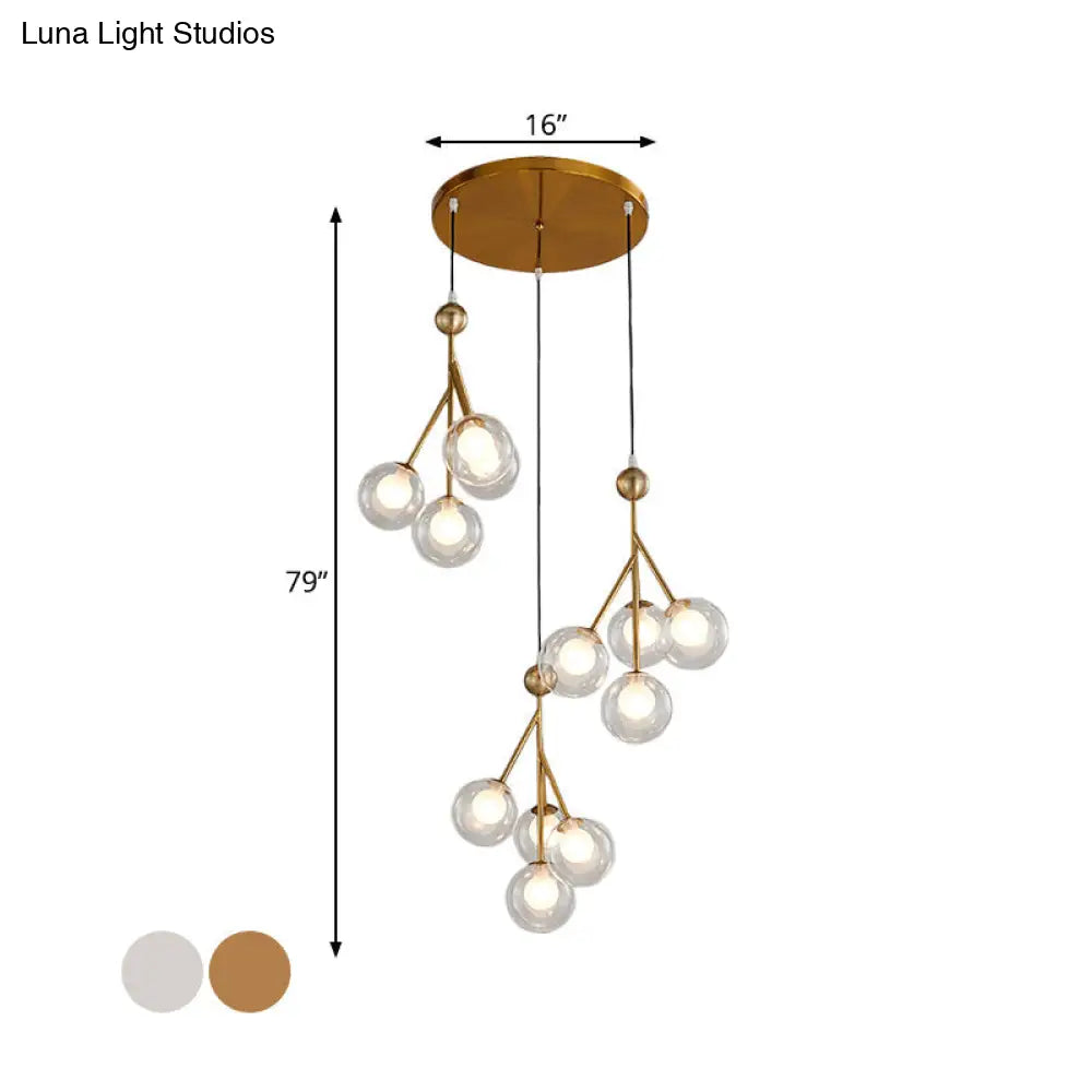 Modern Black/Gold Multi-Light Pendant With 12 Led Bulbs - Clear/Amber/Smoke Gray Glass Sphere Design