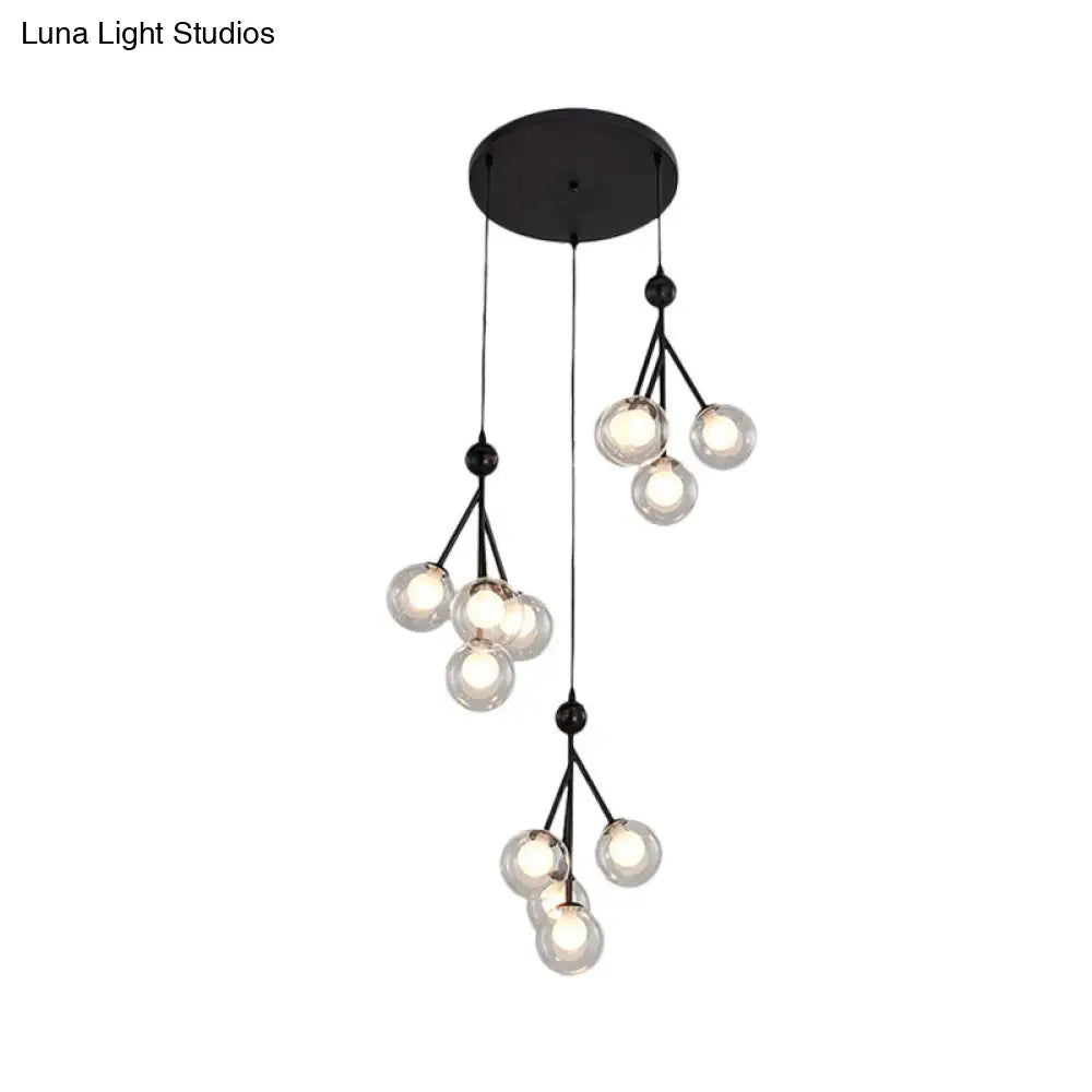 Modern Black/Gold Multi-Light Pendant With 12 Led Bulbs - Clear/Amber/Smoke Gray Glass Sphere Design