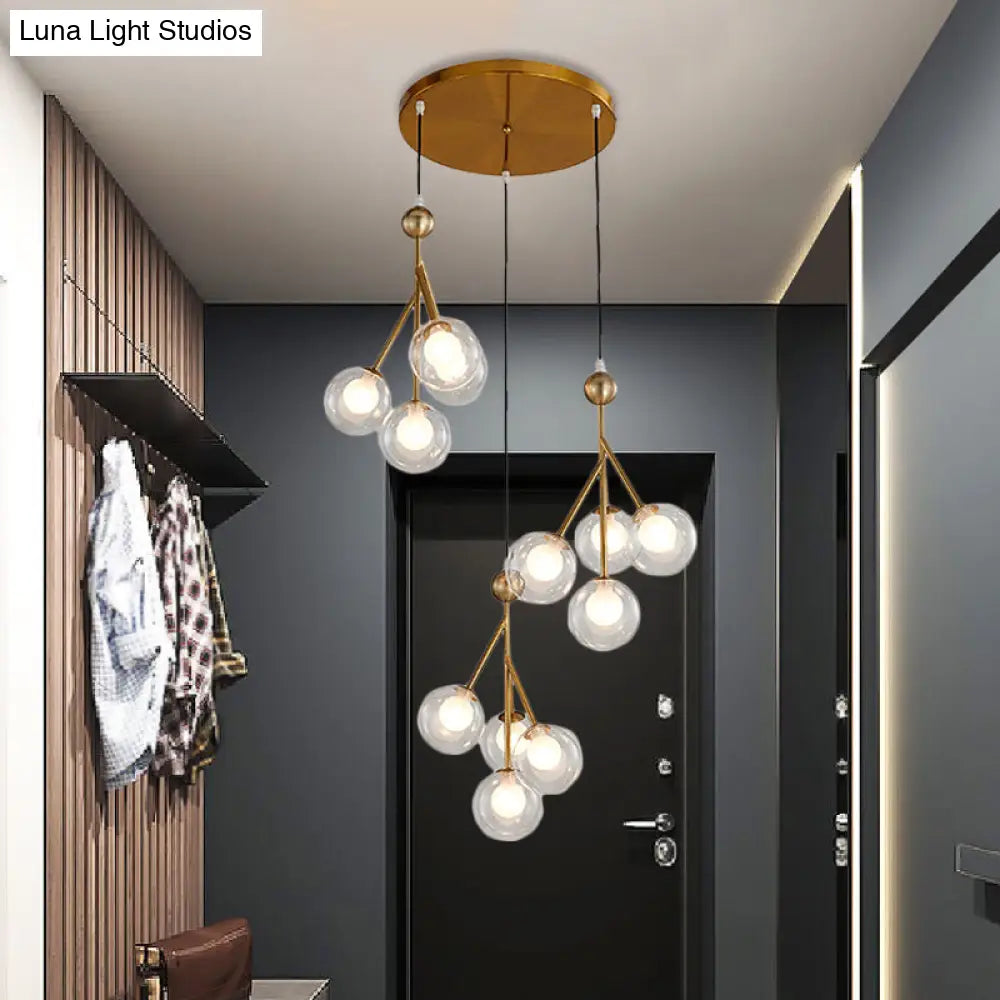 Modern Black/Gold Multi-Light Pendant With 12 Led Bulbs - Clear/Amber/Smoke Gray Glass Sphere Design