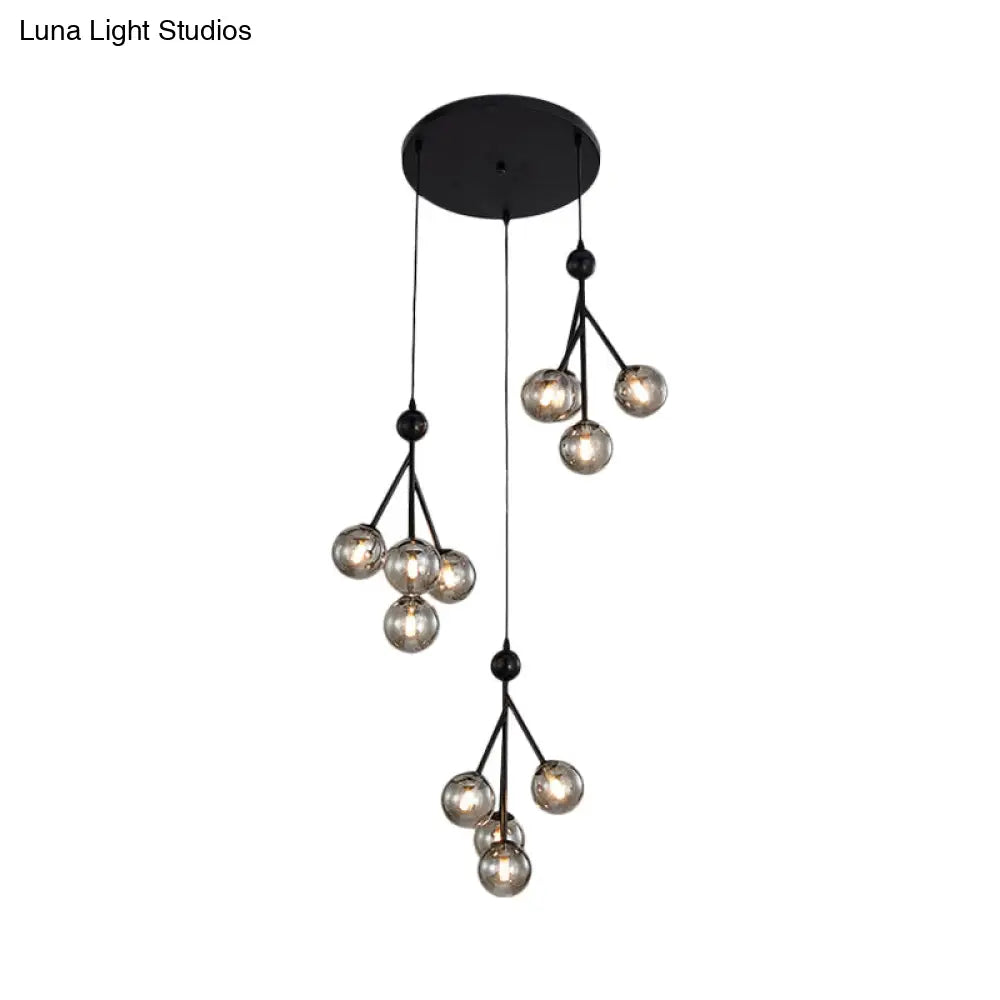 Modern Black/Gold Multi-Light Pendant With 12 Led Bulbs - Clear/Amber/Smoke Gray Glass Sphere Design